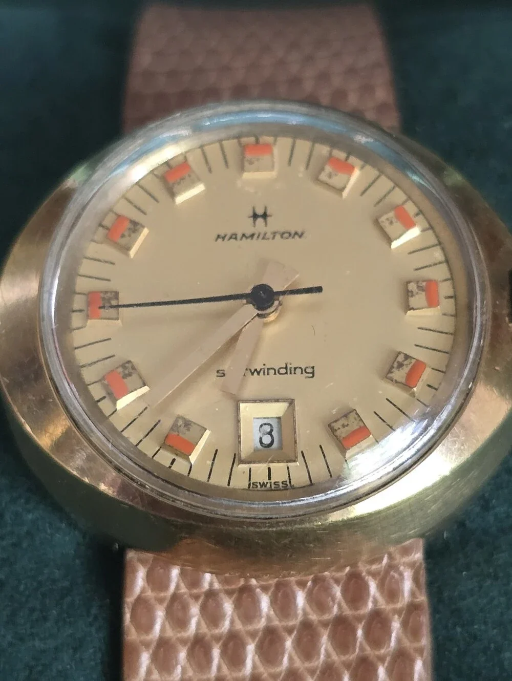 Hamilton Gold-Tone Watch with Cream Dial and Brown Strap